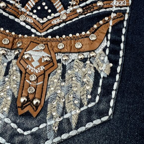 BLING Western BAMBOO Jean Shorts Rhinestones Bull Skull Embroidery  9/10 NEW NWT - Picture 11 of 14